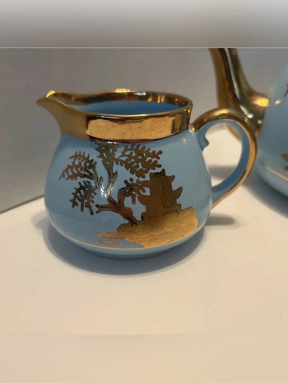 Vintage Robins' Egg Blue Gold Pagoda Scenes Gibsons Teapot England Set 4pc